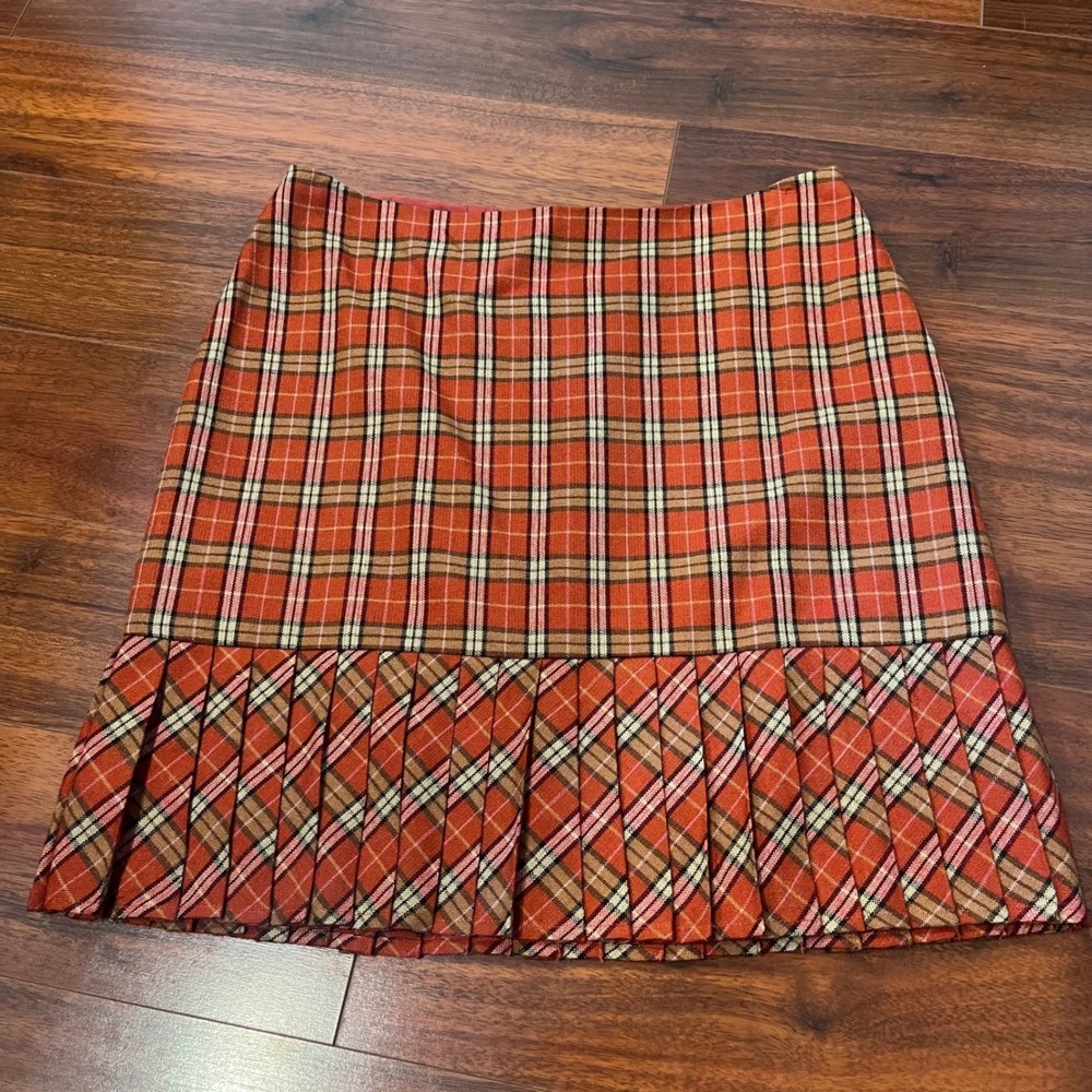 Dress‎ Barn Women 10 Orange Plaid Wool Blend Mini Skirt Pleated Academia Fall